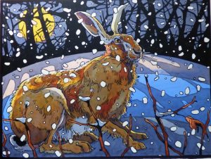 Andrew Haslen, The winter Hare, Linoleumsnede en aquarel